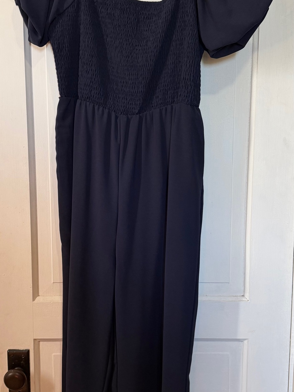 Smocked Navy Puff-Sleeve Jumpsuit